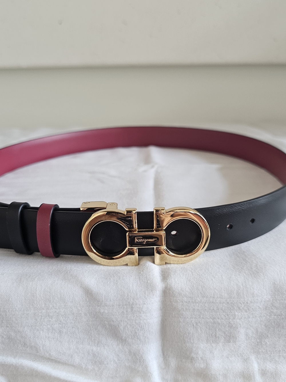 Salvatore Ferragamo Black Belt with Gold Double Gancini and Burgundy Liner